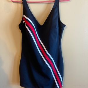 Vintage Navy One Piece Swimsuit Retro with Red and White Stripes